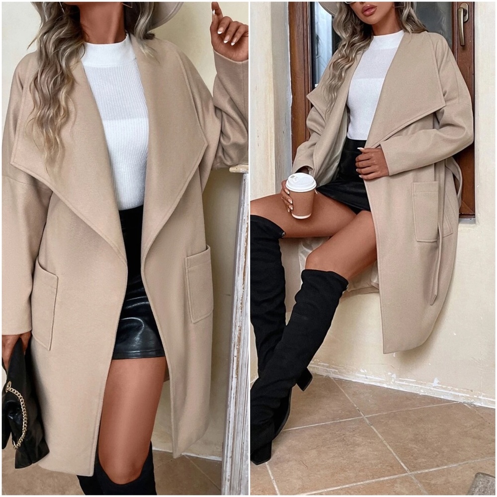 Classic Wide Collar Pocket Belted Jacket Coat - Picture 3 of 3